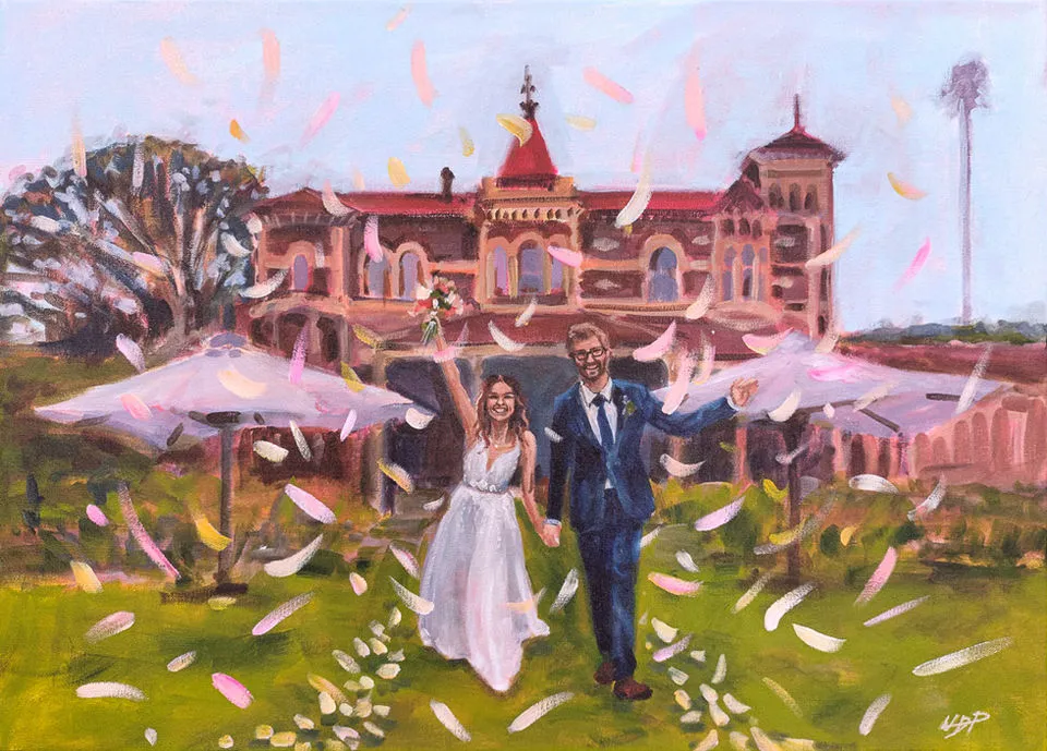 Painting of a couple at Rippon Lea with petals