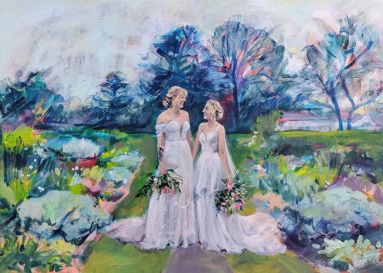 Two brides holding hands in a garden