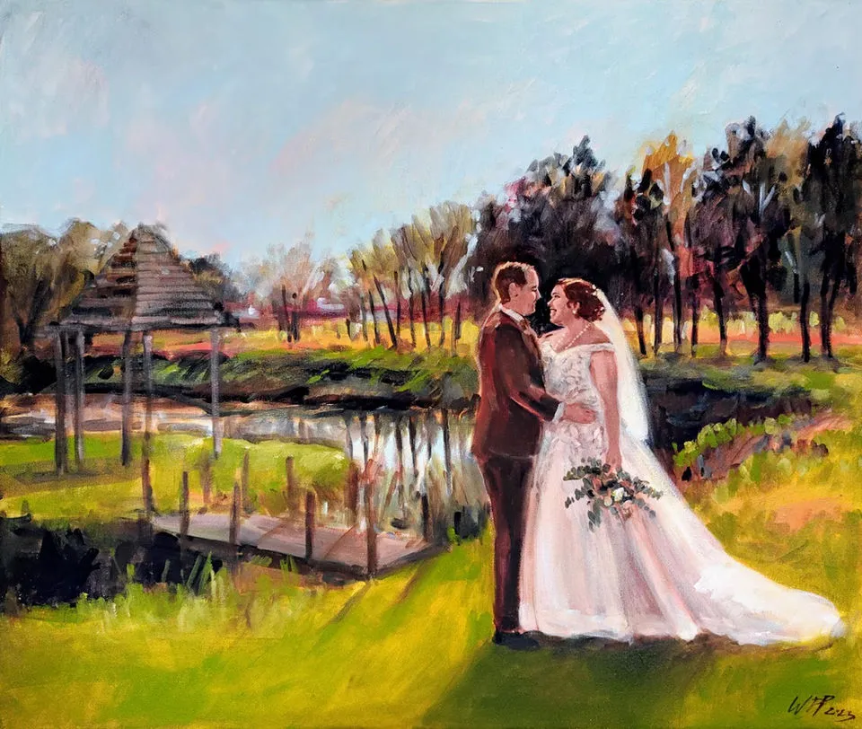 Finished wedding painting of a couple by a lake