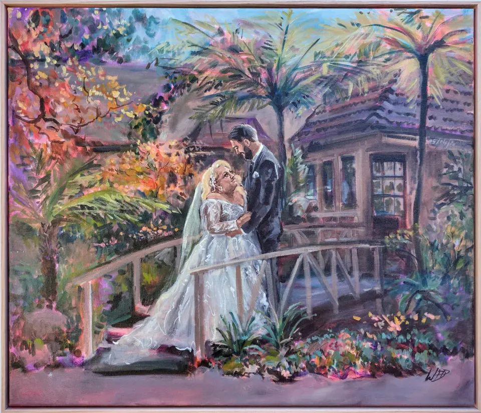 Wedding painting of a couple on a bridge at Poets Lane, Melbourne